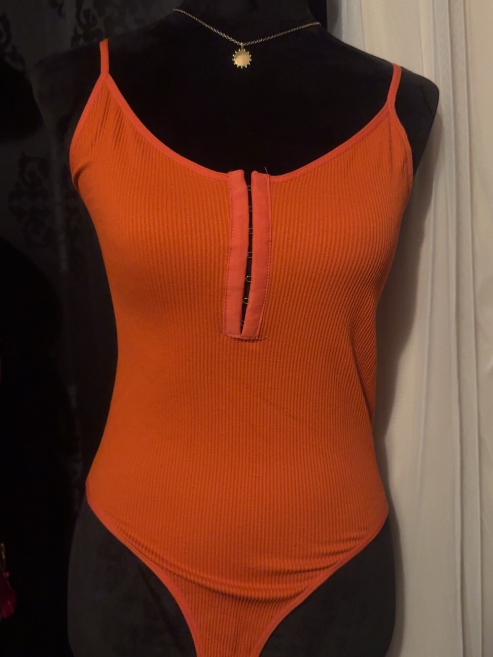 Miss Lola Orange Ribbed Hook-Front Spaghetti-Strap Bodysuit